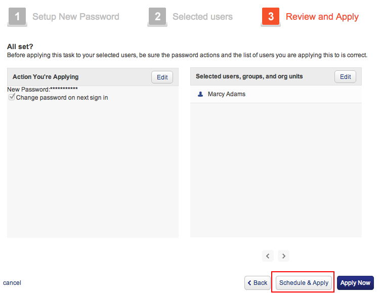 Schedule and apply password reset in Google Apps