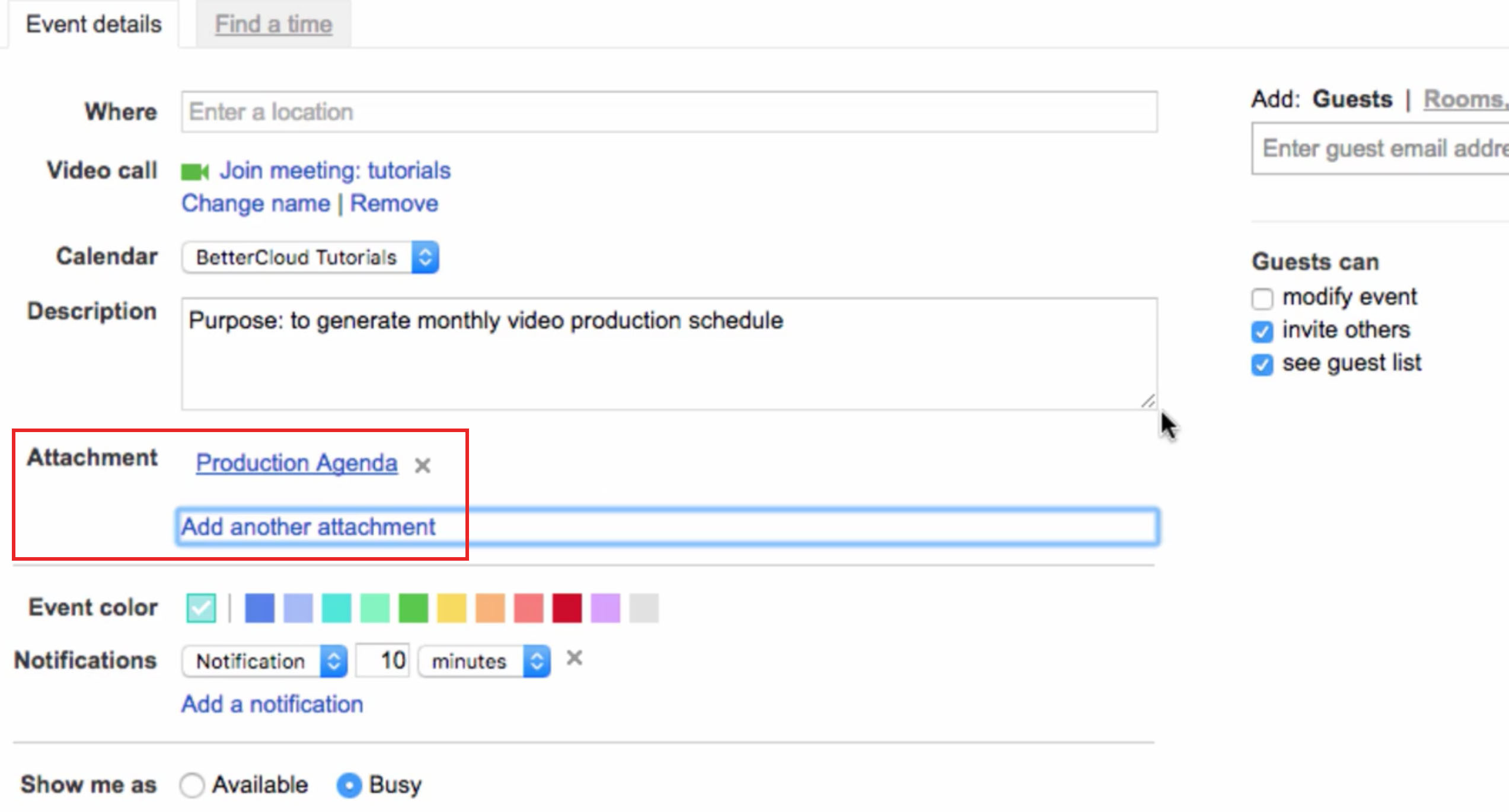 Google Calendar add attachment BetterCloud