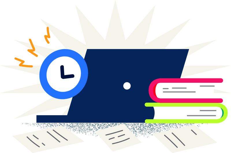 Illustration of books, computer and clock Illustration of books, computer and clock