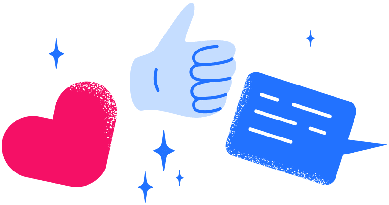 Illustration of hear, thumbs up and chat bubble