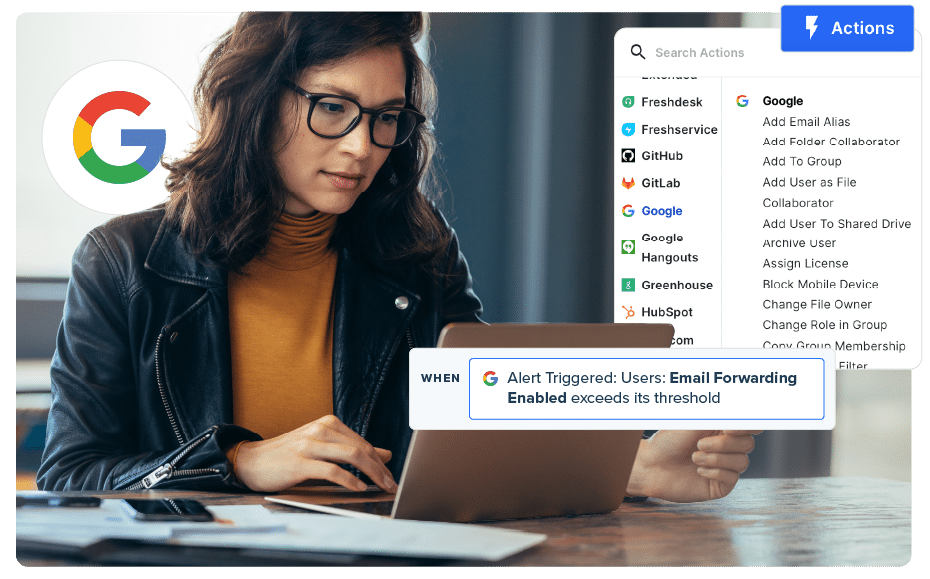 Woman at a computer using the BetterCloud platform for Google Workspace Management.