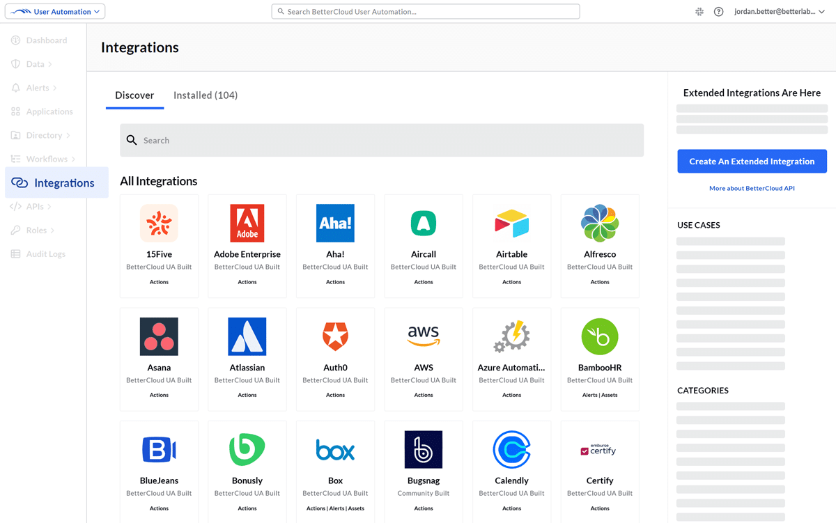 The integrations center of BetterCloud's user automation module displays various app logos and names, including Asana, AWS, and Slack. The interface is organized with these logos arranged prominently to represent their respective integrations.