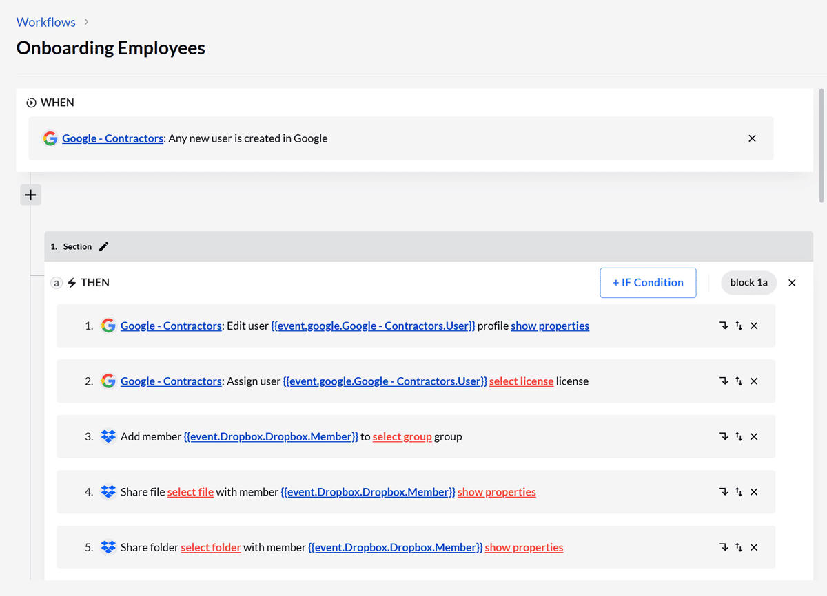 BetterCloud's User Automation Module: Workflow featuring onboarding a contractor with Dropbox access