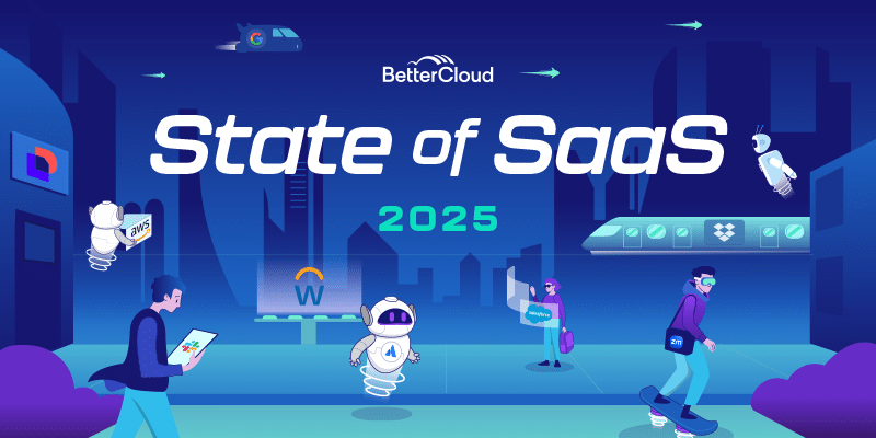 Several people and robots collaborate around large, floating SaaS logos including AWS, Workday, and Dropbox; vibrant digital elements suggest cloud technology. “BetterCloud State of SaaS 2025” is written prominently in the center, emphasizing a the new State of SaaS report from BetterCloud.