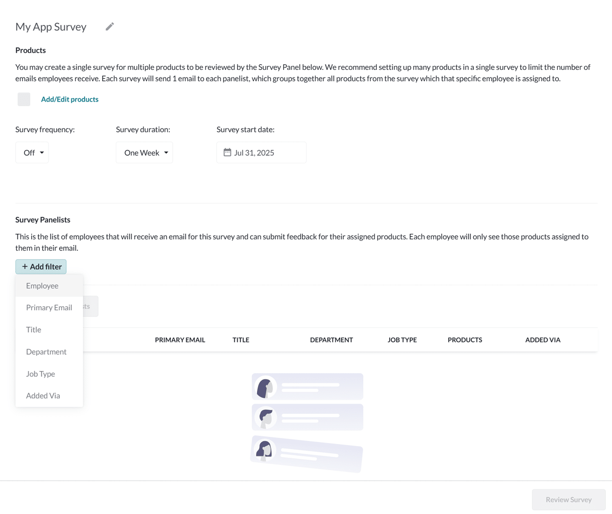 A BetterCloud survey management dashboard interface displaying navigation options for adding products and customizing survey duration, alongside filtering tools that allow selection of panelists based on employee status, primary email address, job title, department, or job type.