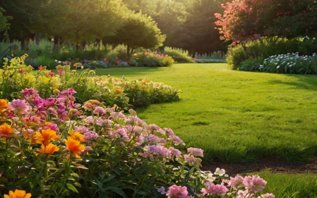 A vibrant garden features blooming flowers, lush green grass, winding pathways, and sunlit trees in the background.