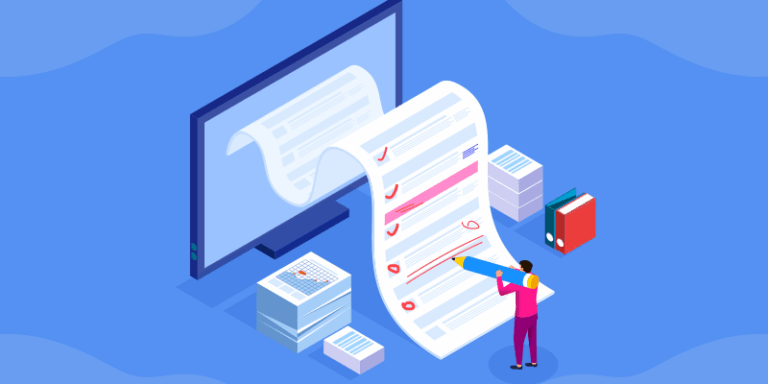 Person marks items on a lengthy SaaS renewal contract, coming out of a monitor, with paper stacks and a folder beside the screen.