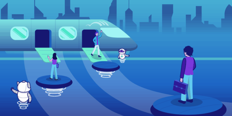 People and robots board a sleek, modern train via floating platforms, set against a futuristic city skyline, symbolizing choosing unified SaaS via BetterCloud platform.