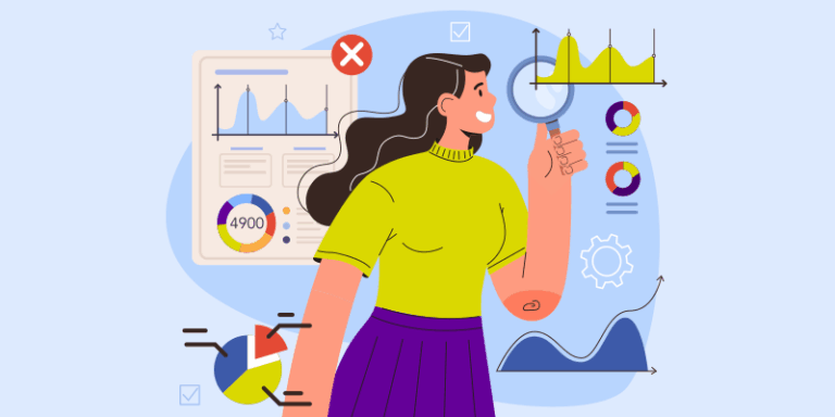 Woman examines SaaS statistics and charts with a magnifying glass, surrounded by data visualizations and icons showing 2025 trends.
