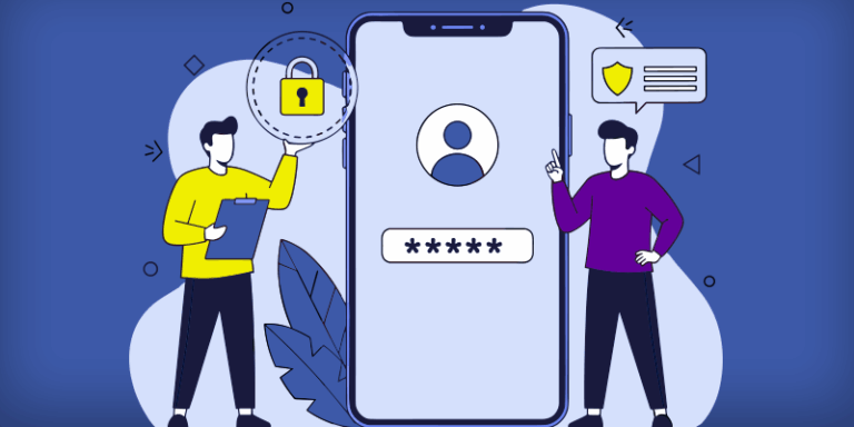 Two people stand beside a giant smartphone showing a password entry screen, representing digital security and user account protection.