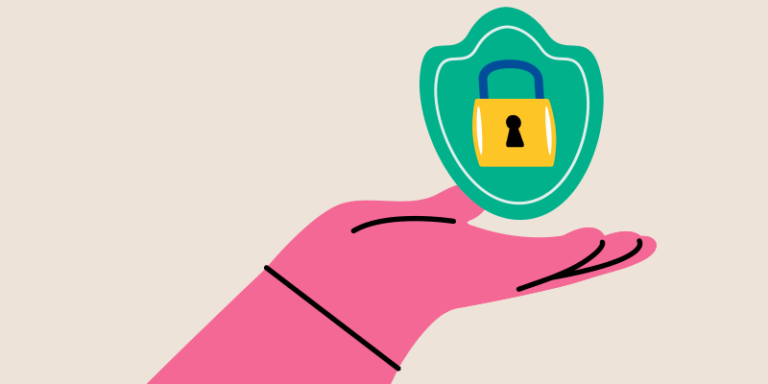 A pink hand grips a green shield featuring a yellow padlock, symbolizing IT security to block ex-employee access to sensitive data.