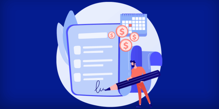 A person uses a large pen to sign a SaaS contract, with a checklist, calendar, and dollar symbols on a blue background.
