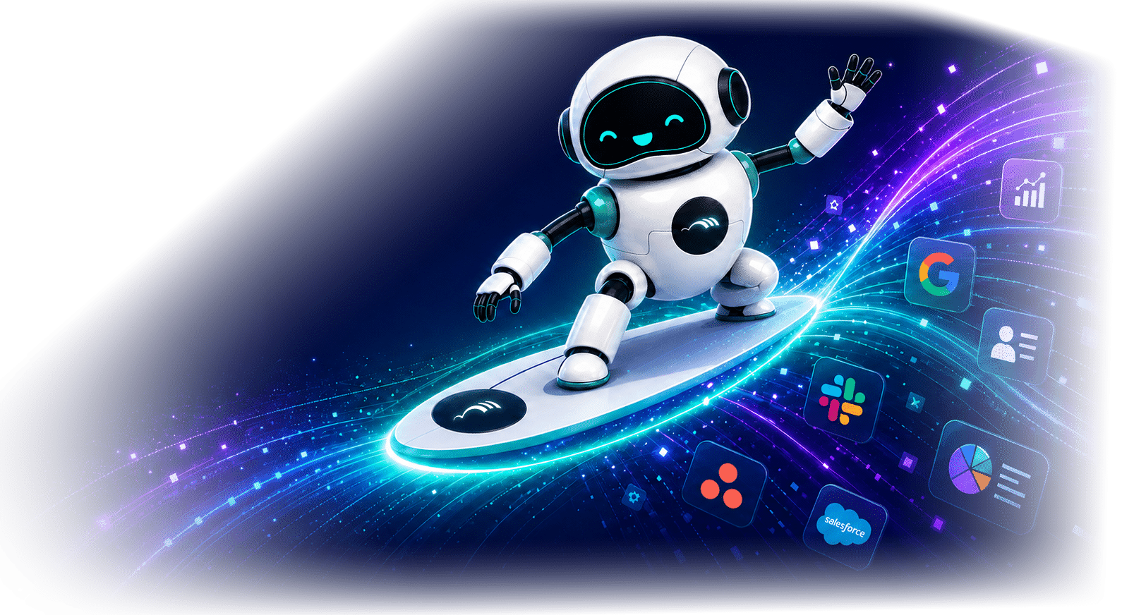 Cartoon robot surfing a neon digital wave, encircled by Google, Slack, Asana, and Salesforce icons on a dark backdrop.