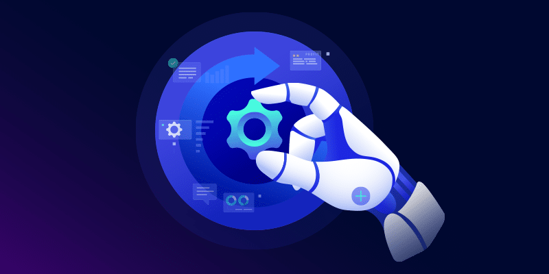 Robotic hand gripping blue gear before a circular tech interface with charts and icons, symbolizing AI-driven IT management.