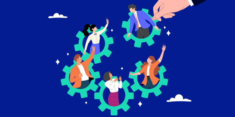 Five people inside linked gears as a hand turns one, representing teamwork in SaaS onboarding; blue background with clouds and stars.