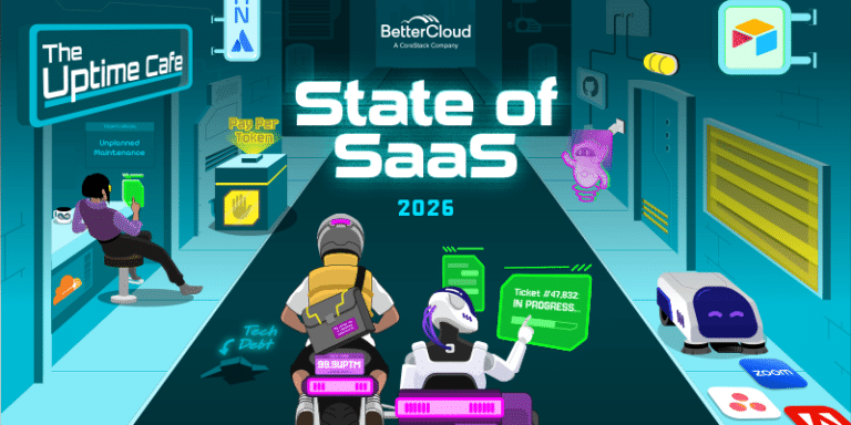 A bustling, futuristic urban street where robots and humans interact and use advanced tech devices. Digital billboards overhead feature SaaS-related messages, while the phrase "2026 State of SaaS" stands out centrally, drawing focus to key insights from the latest SaaS report. Modern architecture and neon lighting accentuate the high-tech atmosphere.
