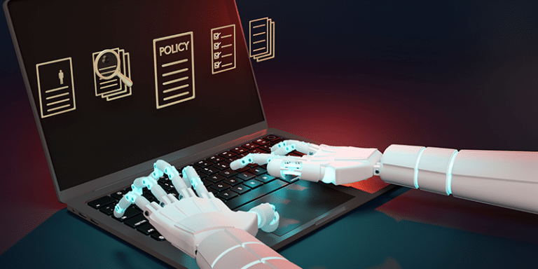 A robot with white mechanical hands operates a laptop, whose screen displays digital icons representing policies, documents, and checklists. The scene illustrates drafting AI policy and considering key questions in AI governance.