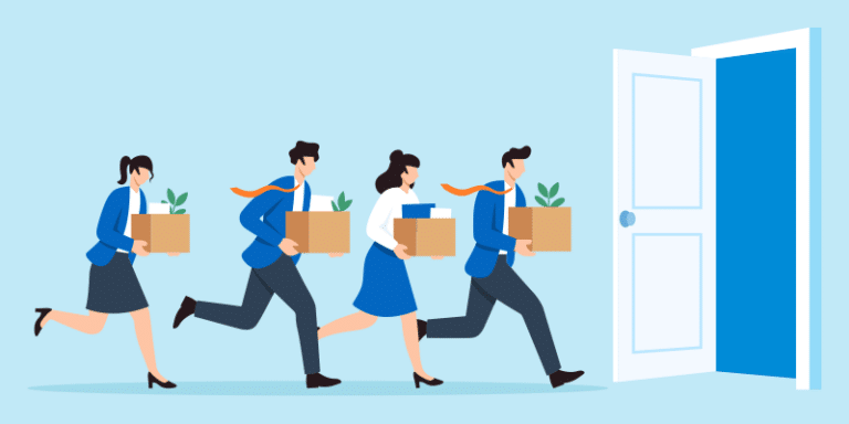 Four businesspeople, each carrying a box, walk quickly toward an open door in an office setting, emphasizing the urgency of employee departures and highlighting the need for IT offboarding automation to maintain security.
