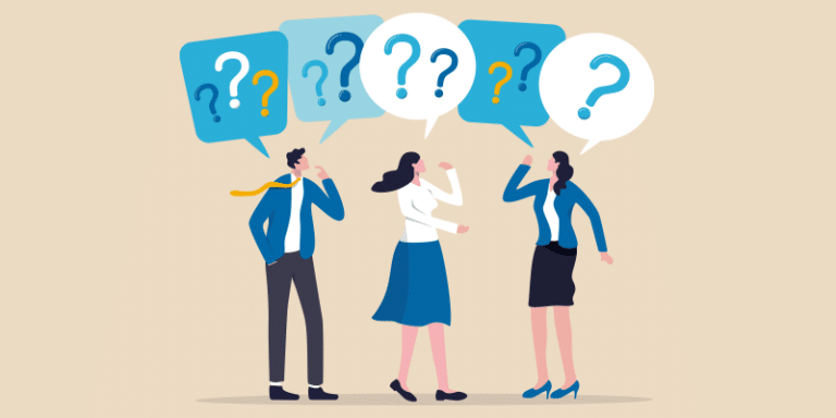 Three illustrated people stand side by side, each with a question mark in a speech bubble above their head, representing confusion or uncertainty related to IT leadership challenges.