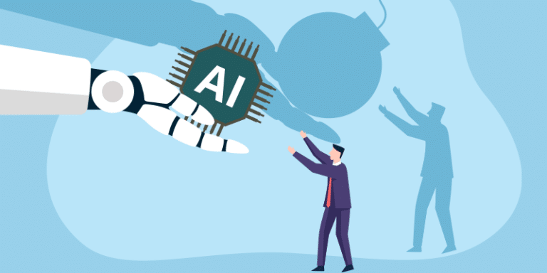 A robot hand extends an AI microchip toward a formally dressed person, both casting distinct shadows on a blue background, illustrating the careful trade-off between rapid technological advancement and safety concerns in the context of shadow AI.