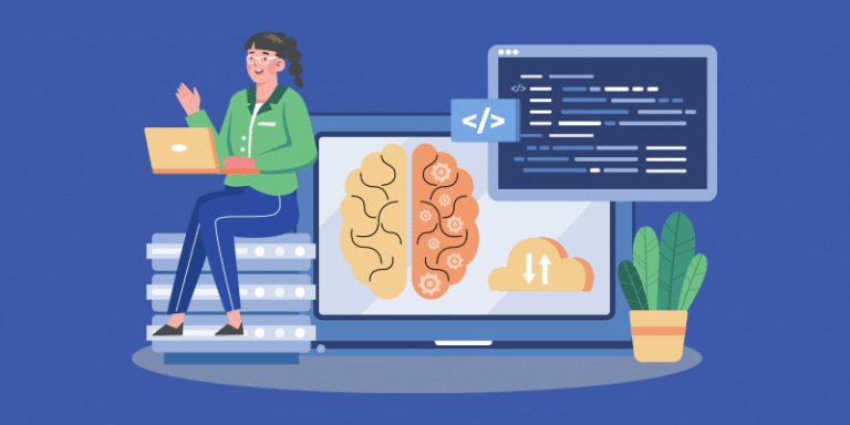 A woman sits on stacked books using a laptop, positioned beside another laptop screen that shows a brain graphic, code window, and cloud icon. A small plant rests nearby. The scene has a blue background and visually represents the transition to IT automation and natural language workflows replacing manual click-based operations.