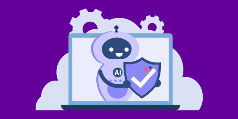 A smiling robot labeled “AI” stands in front of a laptop screen, holding a shield with a checkmark. Gears and clouds are visible in the background, symbolizing technology and secure AI governance for IT leaders.