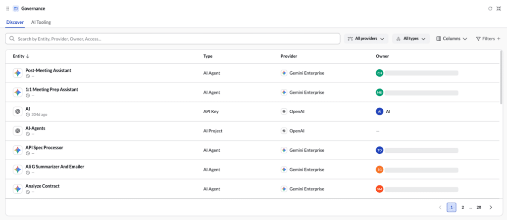 A BetterCloud dashboard shows a table of AI tools, organized by columns labeled entity name, type, provider, and owner. The majority of tools list Gemini Enterprise or OpenAI as providers and support custom IT agents for flexible workflow creation. Owner icons in the final column feature different colors to visually distinguish between owners. The layout emphasizes clarity for managing and comparing available AI tools.