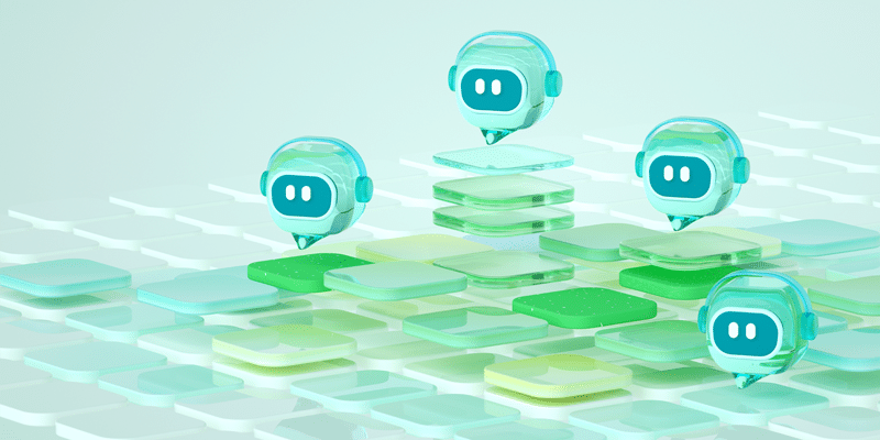 Three robot heads float above stacked, translucent green and blue tiles in a digital, abstract setting, representing artificial intelligence overseeing organized data management.