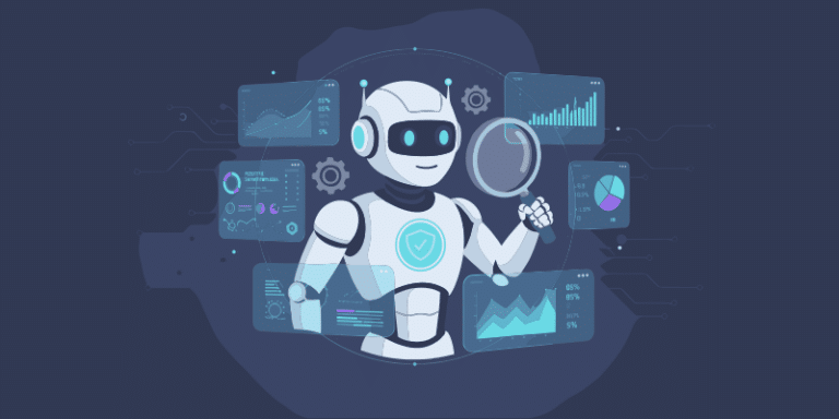 A robot holds a magnifying glass and is surrounded by floating digital charts and graphs on a dark background, emphasizing key security statistics relevant to AI adoption.