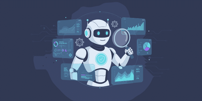 A robot holds a magnifying glass and is surrounded by floating digital charts and graphs on a dark background, emphasizing key security statistics relevant to AI adoption.