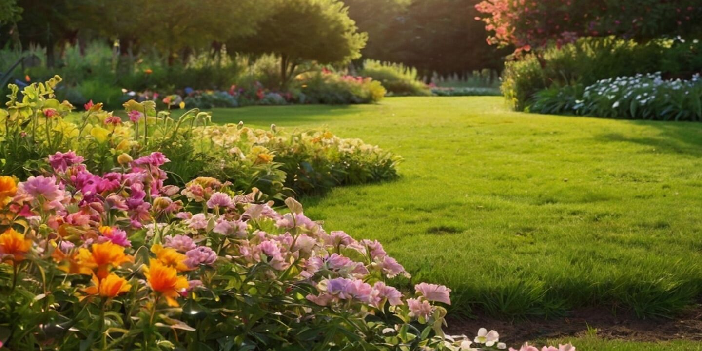 A vibrant garden features blooming flowers, lush green grass, winding pathways, and sunlit trees in the background.