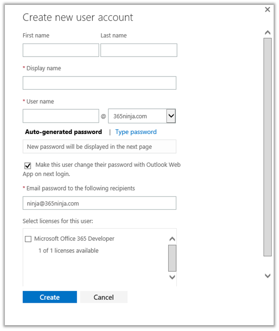 Create new user in Office 365