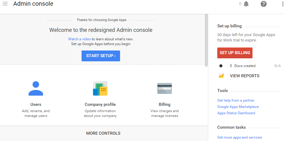 Google Apps Admin Console Start Setup Wizard