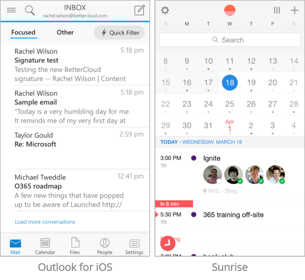 Outlook for iOS and Sunrise app