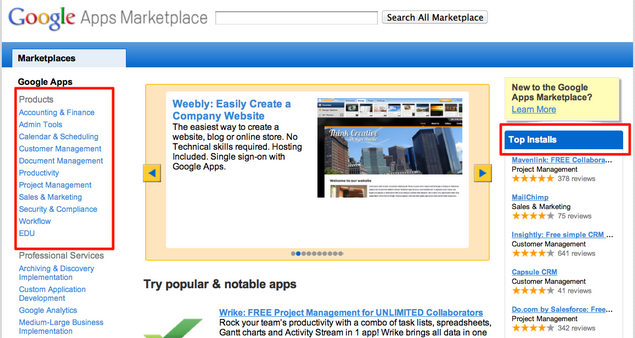 Google Apps Marketplace homepage