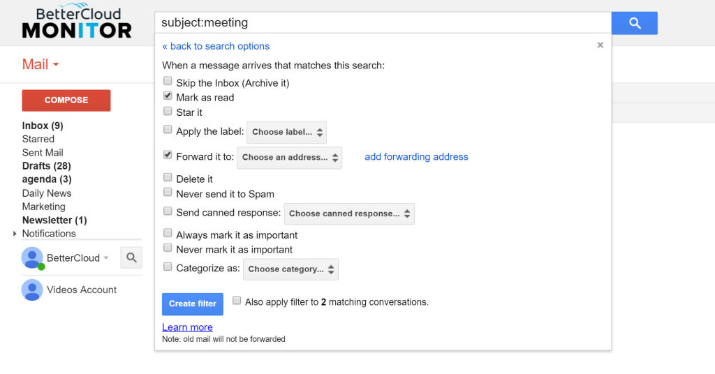 gmail filter automatically forward email