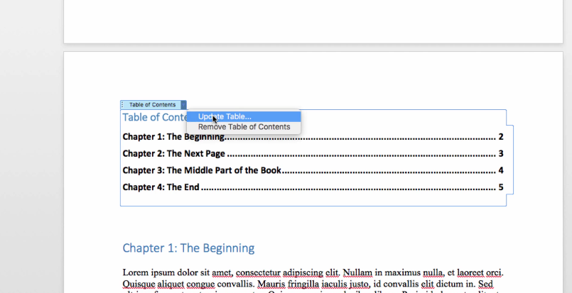 make manual table of contents word